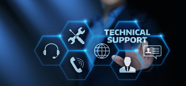 Technical support concept with headset, tools, and contact icons